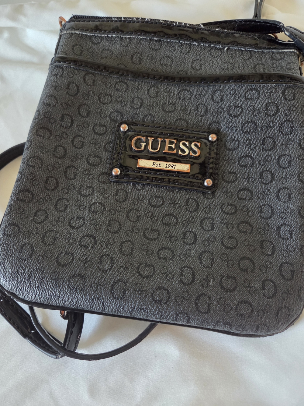GUESS Black Monogram Crossbody Bag with Logo Plaque